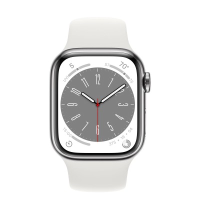 Apple Watch Series 8 GPS + Cellular 41mm Silver Stainless Steel Case with White Sport Band - Regular (MNJ53)