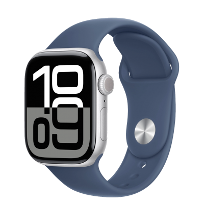 Apple Watch Series 10 GPS + Cellular 42mm Silver Aluminum Case with Denim Sport Band - S/M (MWX33)