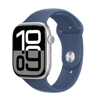 Apple Watch Series 10 GPS + Cellular 46mm Silver Aluminum Case with Denim Sport Band - M/L (MWY13)