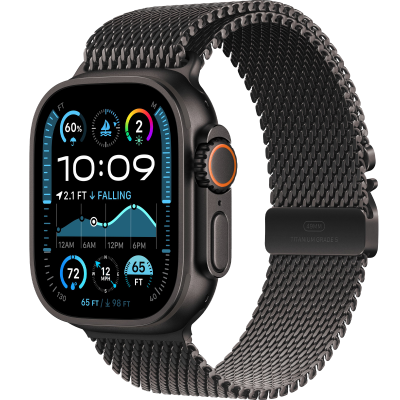 Apple Watch Ultra 2 2024 GPS + Cellular 49mm Black Titanium Case with Black Titanium Milanese Loop - Large (MYTC3, MX5V3)