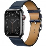 Apple Watch Hermès Series 7 GPS + Cellular 45mm Space Black Stainless Steel Case (MKMH3) with Navy Swift Leather Single Tour (MKG73)