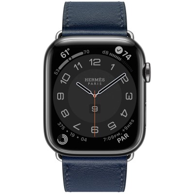 Apple Watch Hermès Series 7 GPS + Cellular 45mm Space Black Stainless Steel Case (MKMH3) with Navy Swift Leather Single Tour (MKG73)