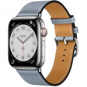 Apple Watch Hermès Series 7 GPS + Cellular 41mm Silver Stainless Steel Case (MKLK3) with Bleu Lin Swift Leather Single Tour (MKFP3)