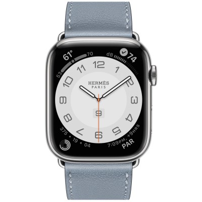 Apple Watch Hermès Series 7 GPS + Cellular 41mm Silver Stainless Steel Case (MKLK3) with Bleu Lin Swift Leather Single Tour (MKFP3)