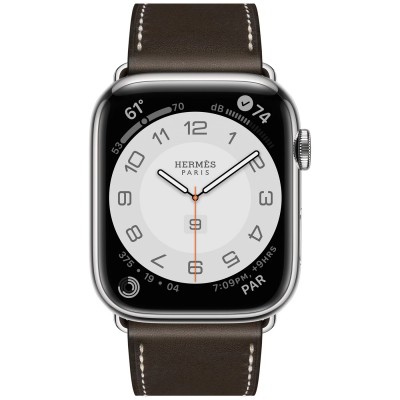 Apple Watch Hermès Series 7 GPS + Cellular 45mm Silver Stainless Steel Case (MKMG3) with Ebene Barenia Leather Single Tour Deployment Buckle (MTQG2)
