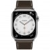 Apple Watch Hermès Series 7 GPS + Cellular 45mm Silver Stainless Steel Case (MKMG3) with Ebene Barenia Leather Single Tour Deployment Buckle (MTQG2)