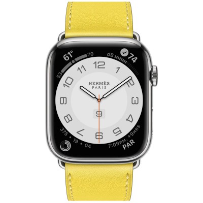 Apple Watch Hermès Series 7 GPS + Cellular 41mm Silver Stainless Steel Case (MKLK3) with Lime Swift Leather Single Tour (MKFQ3)