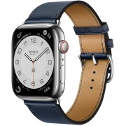 Apple Watch Hermès Series 7 GPS + Cellular 41mm Silver Stainless Steel Case (MKLK3) with Navy Swift Leather Single Tour (MKFN3)