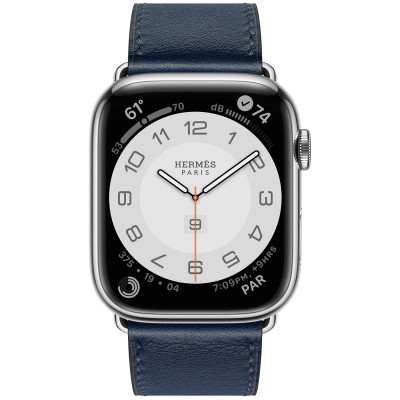 Apple Watch Hermès Series 7 GPS + Cellular 41mm Silver Stainless Steel Case (MKLK3) with Navy Swift Leather Single Tour (MKFN3)