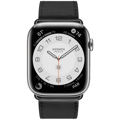Apple Watch Hermès Series 7 GPS + Cellular 41mm Silver Stainless Steel Case (MKLK3) with Noir Swift Leather Single Tour (MX2P2)