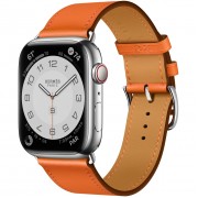 Apple Watch Hermès Series 7 GPS + Cellular 45mm Silver Stainless Steel Case (MKMG3) with Orange Swift Leather Single Tour (MXTP2)