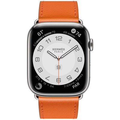 Apple Watch Hermès Series 7 GPS + Cellular 41mm Silver Stainless Steel Case (MKLK3) with Orange Swift Leather Single Tour (MXTM2)