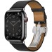 Apple Watch Hermès Series 7 GPS + Cellular 45mm Space Black Stainless Steel Case (MKMH3) with Noir Swift Leather Single Tour Deployment Buckle (MHLU3)
