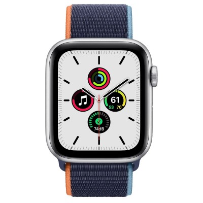 Apple Watch SE GPS + Cellular 44mm Silver Aluminum Case with Deep Navy Sport Loop (MYEN2, MYEW2)
